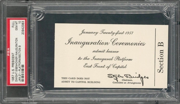 1957 Dwight Eisenhower Inauguration Full Ticket- Highest Graded! (PSA Gem Mint 10)